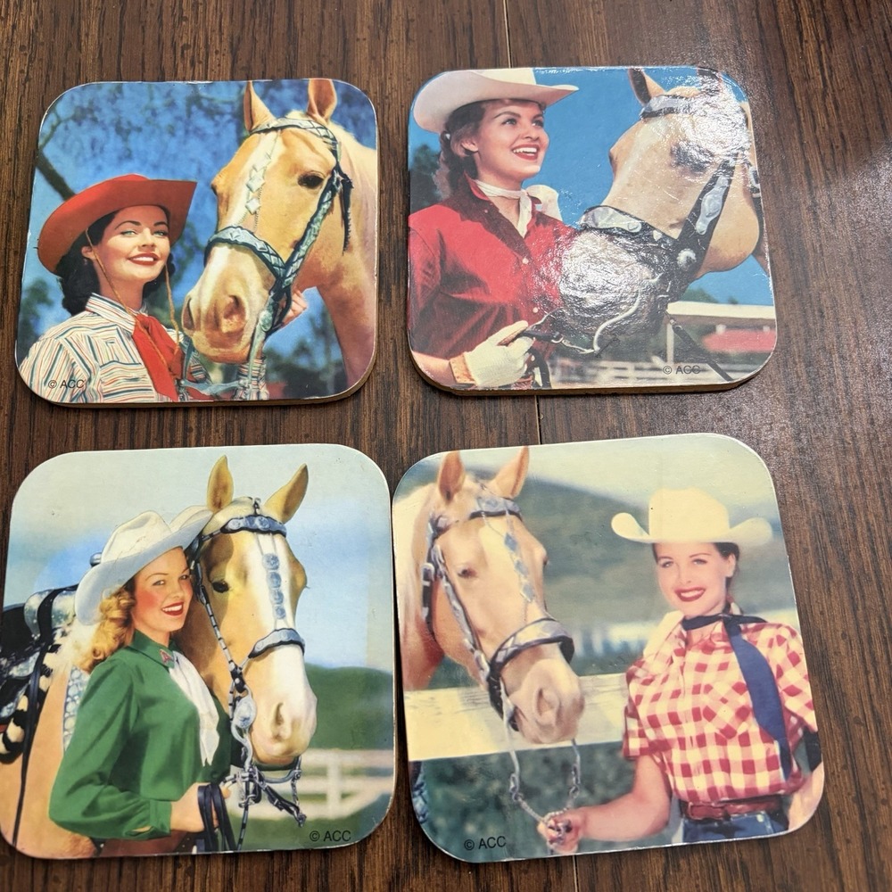 Retro Style Cowgirl Horse Coaster Set Of 4 Western Pinup Cork Back ACC
